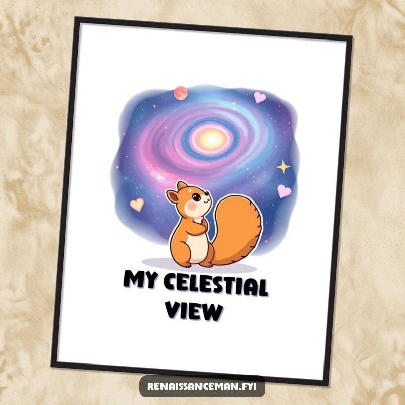 Funny digital art print of a cheerful squirrel character gazing dreamily at a swirling galaxy. Instant downloadable wonder and humor.