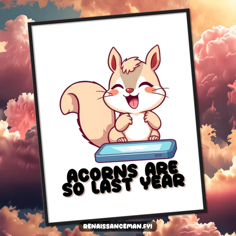 Funny delighted squirrel tapping furiously on a bright, glowing screen with immense excitement, as a printable digital art.