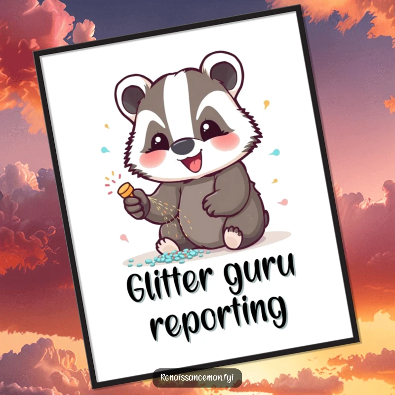Funny badger glitter digital art print, high-resolution artwork of a delighted badger applying glitter, ideal for instant download and a sparkling home decor.