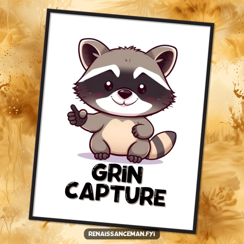 Funny raccoon digital art print of a determined raccoon attempting a selfie with a tiny grin, ready for instant display.