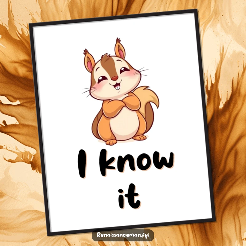 Funny digital art print of a delighted squirrel leaning back, arms crossed, with a knowing look, conveying wisdom.