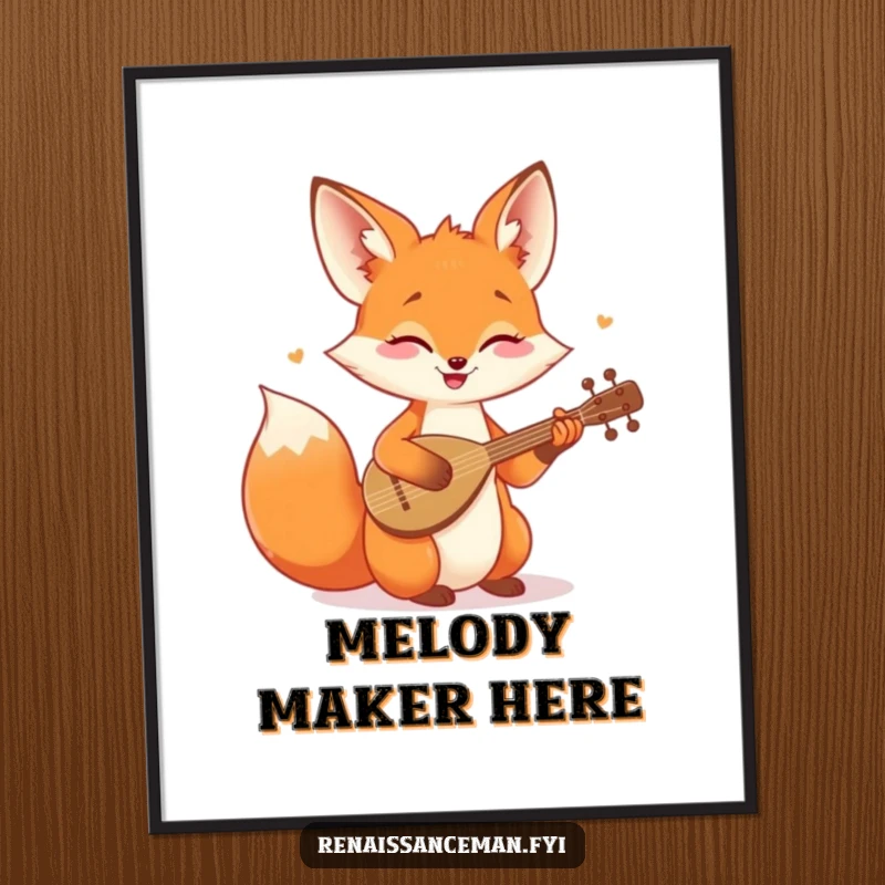 Funny digital art print of a cheerful fox playing a tiny lute, bringing instant musical joy and whimsy.