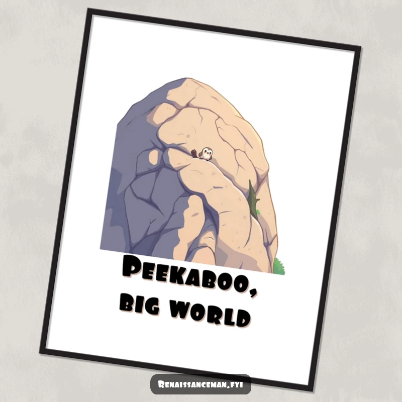 Funny digital art print of a curious bird peeking over a colossal boulder, ready for instant, humorous wall decoration.