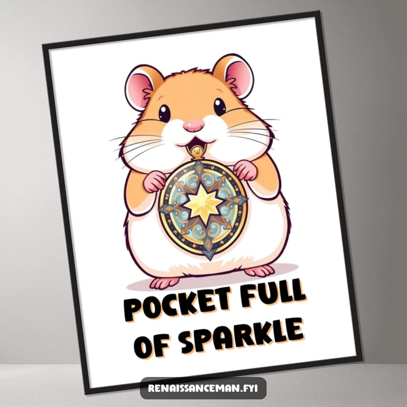 Funny hamster proudly presenting a gleaming locket, a digital art print symbolizing love, cherished memories, and sentimental value.