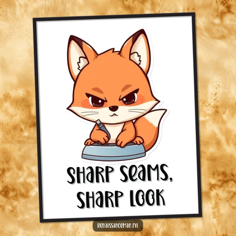 Funny digital art print of a determined fox with a serious expression, expertly iron pressing a seam on fabric.