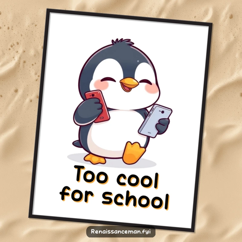Funny giggling penguin making a comical face while holding a phone, as a downloadable digital art print.