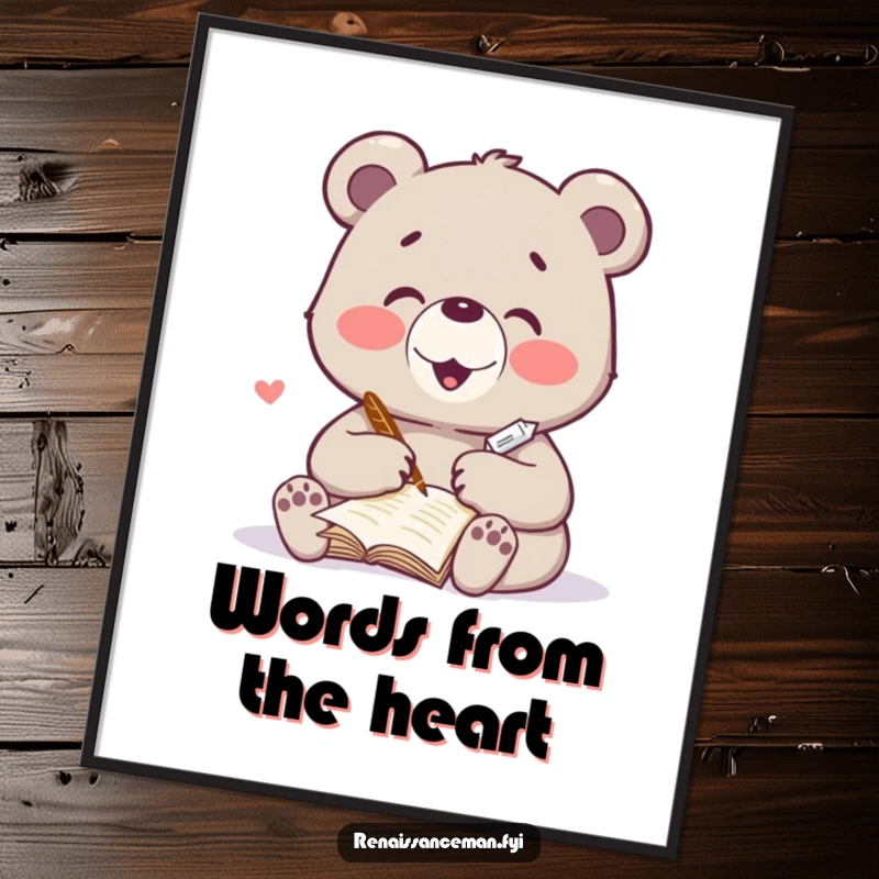 Funny digital art print of a delighted bear character writing a heartfelt poem with a quill. Instant downloadable creativity and humor.