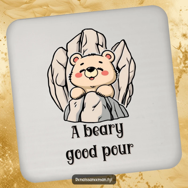 Funny Proud Bear Smiling from a Rocky Peak, Humorous Drink Coaster Set for Tables.