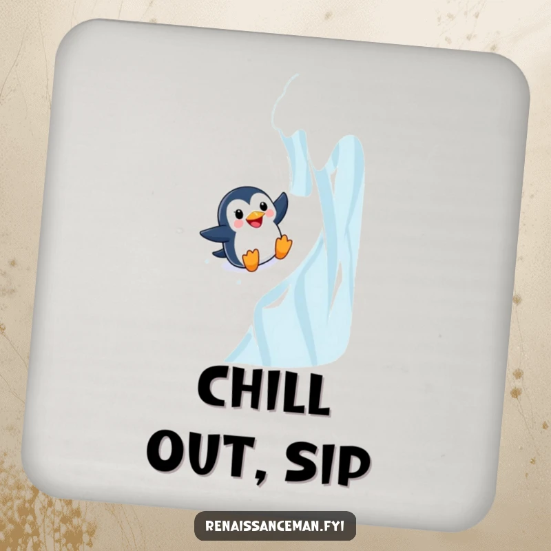 Funny Adventurous Penguin Sliding Down a Steep Icy Wall, Humorous Drink Coaster Set.