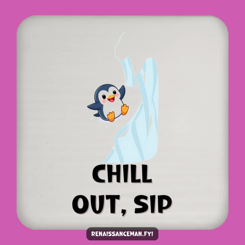 Protect your surfaces with this funny coaster set featuring a penguin sliding with joy. Adds wintery humor.