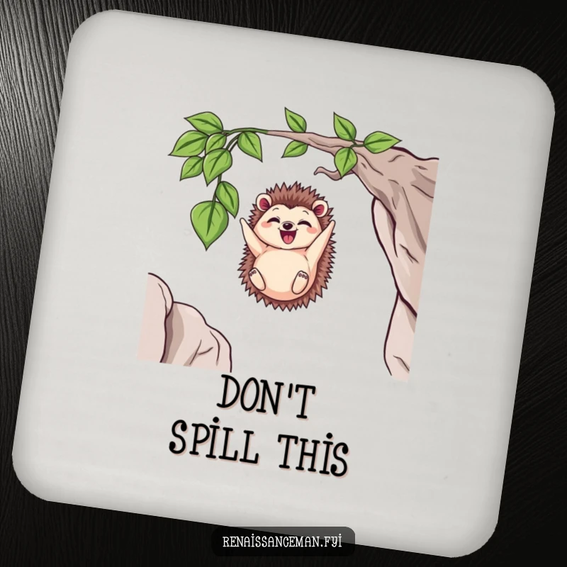 Funny Delighted Hedgehog Dangling from a Vine Over a Cliff, Humorous Drink Coaster Set for Protection.