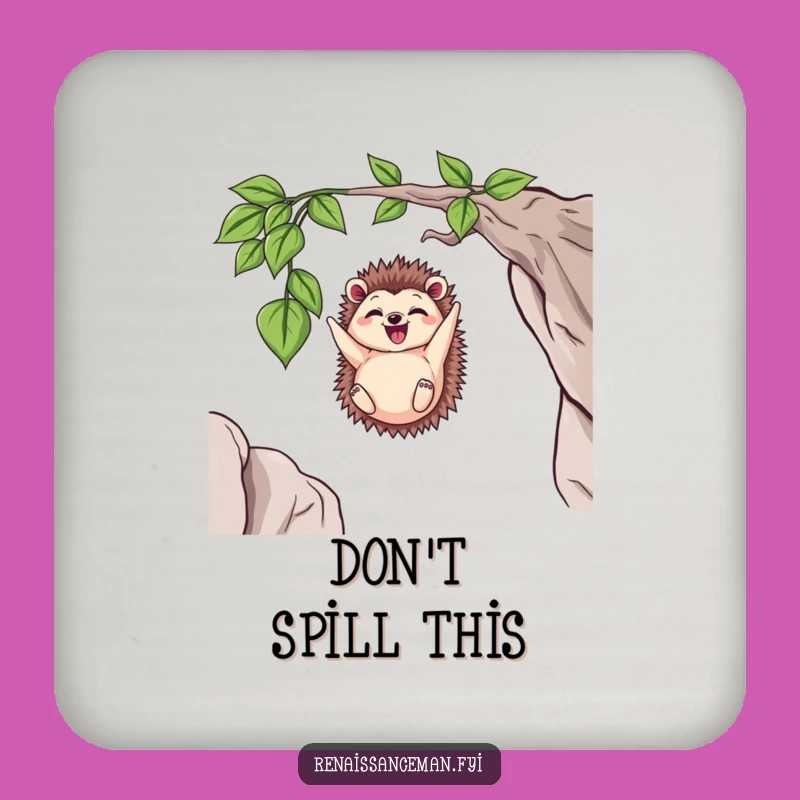 Protect your tables with this funny coaster set featuring a delighted hedgehog in a precarious pose. Adds humor and flair.