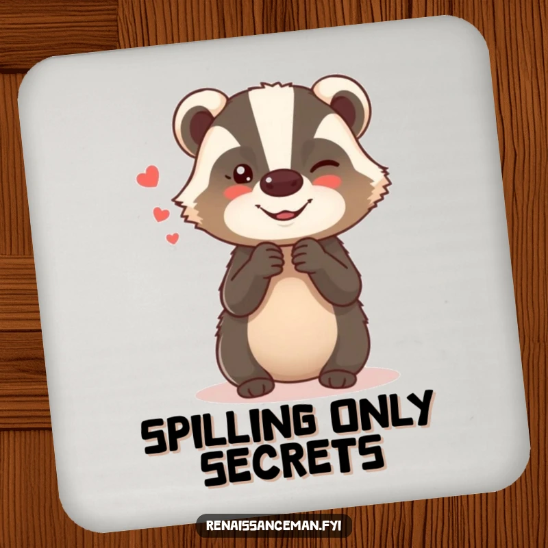 Funny coasters with a giggling badger whispering secrets, safeguarding tables with a humorous and mischievous design.