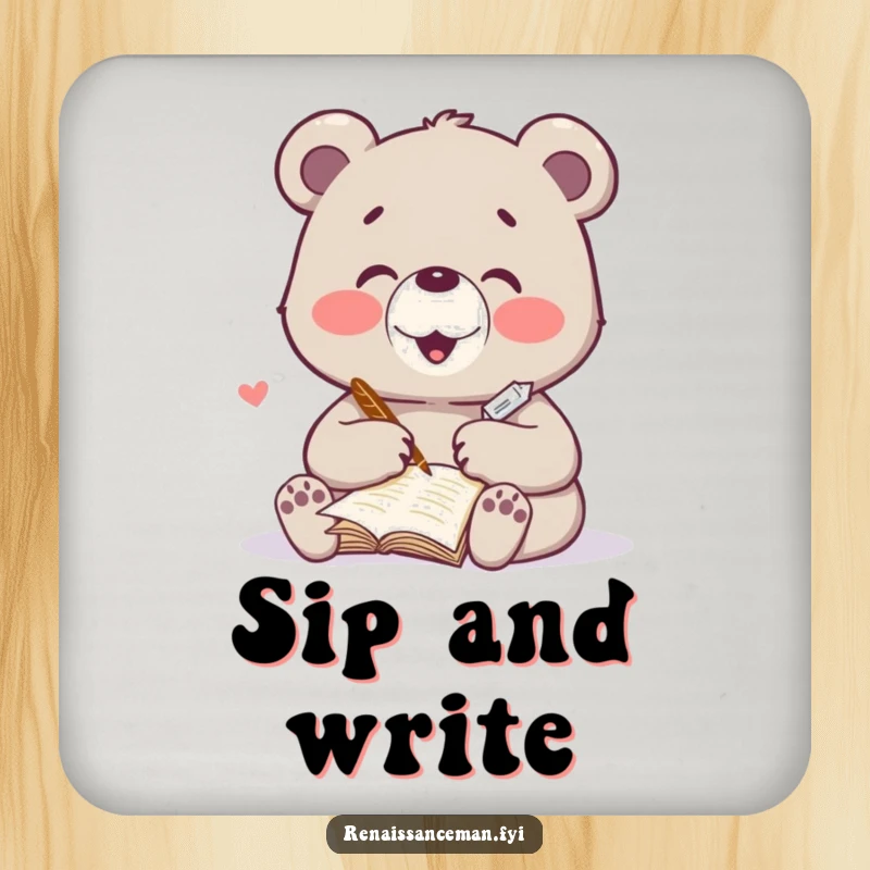 Funny drink coaster with a delighted bear character writing a heartfelt poem with a quill. Protects surfaces with humor.