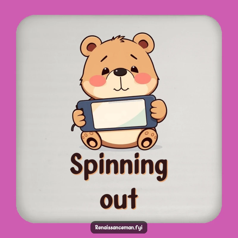 Funny Bear Phone Confusion Coaster: Playful bear with upside down phone, a perfect funny gift.