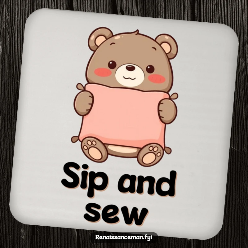 Funny drink coaster with a proud bear smiling and holding a perfectly sewn cushion, protecting surfaces with humor.