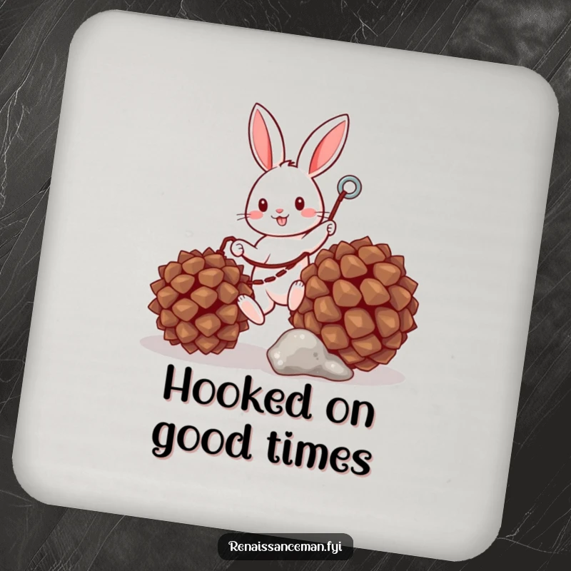 Funny drink coaster with a cheerful bunny using a grappling hook to ascend a pinecone, adding humor to tabletops.