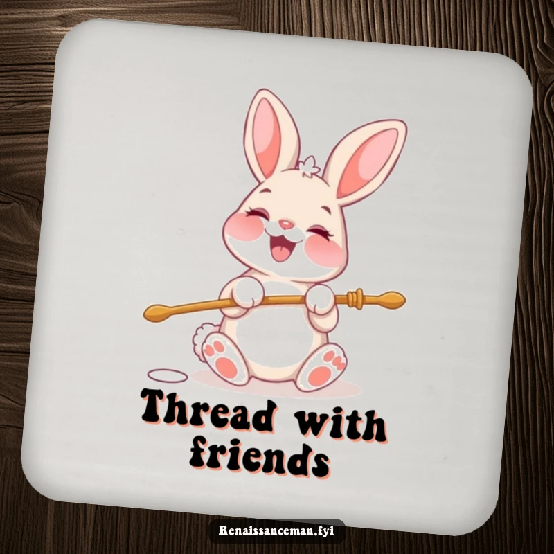 Funny drink coaster featuring a cheerful bunny character beaming with glee while threading a large needle.