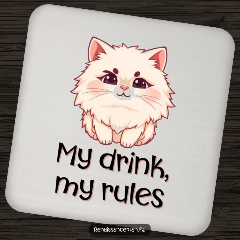 Funny cat drink coasters, a fluffy cat with a raised eyebrow and a subtle smirk, protecting surfaces with sass.