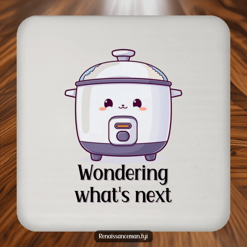 Funny drink coasters featuring a curious rice cooker peeking from behind a steaming lid, protecting surfaces with charm.