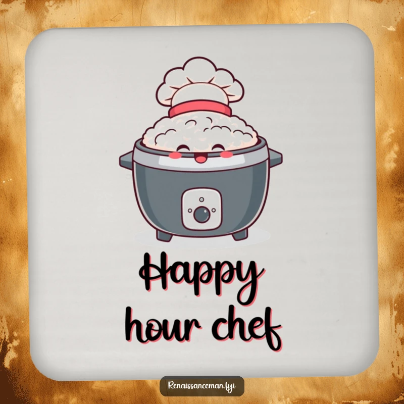 Funny drink coasters featuring a delighted rice cooker wearing a tiny chef hat, protecting surfaces with culinary cheer.
