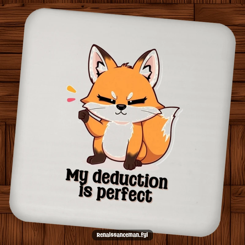 Funny coasters with a smug fox making a dramatic point with a condescending head tilt, safeguarding tables with intellectual humor.