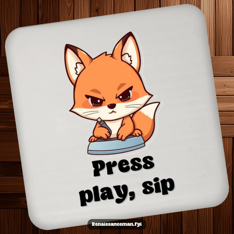 Funny drink coaster depicting a determined fox with a focused expression, iron pressing a seam on fabric.