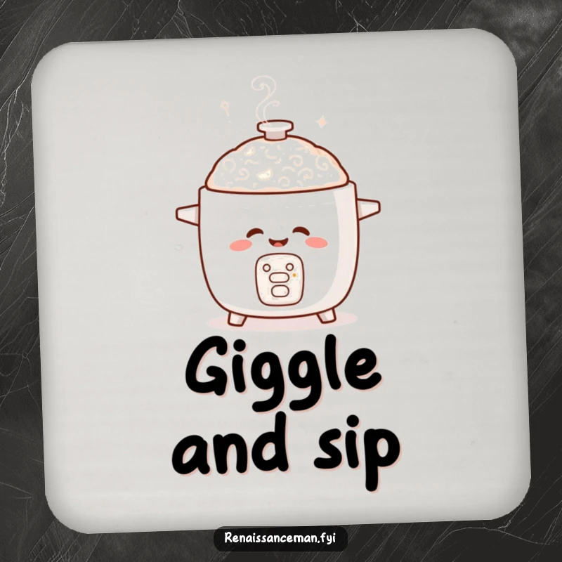 Funny drink coasters featuring a giggling rice cooker with playful steam swirls, protecting surfaces with charm and humor.
