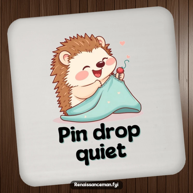 Funny drink coaster depicting a joyful hedgehog carefully pinning a sewing pattern onto fabric, protecting surfaces with cuteness.