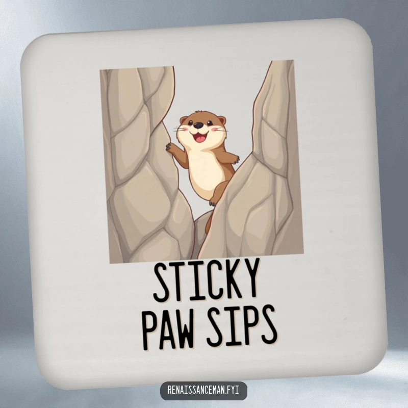 Funny otter coaster, a happy otter character scales a sheer cliff face with sticky paws, adding humorous motivation.