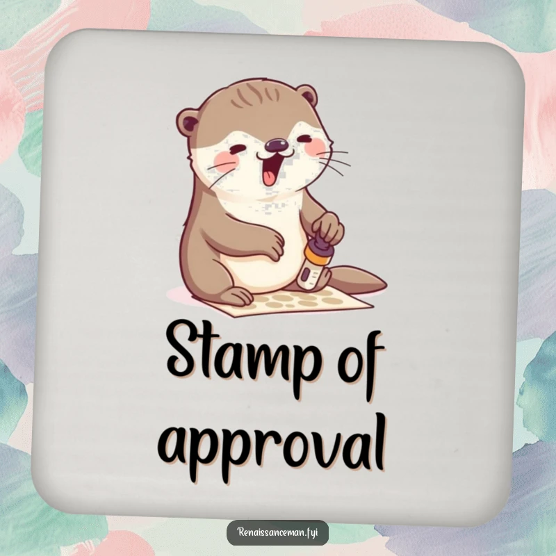 Funny otter stamping coasters, set of artistic coasters featuring an otter with creative energy, protecting surfaces with humor and style, great gift.