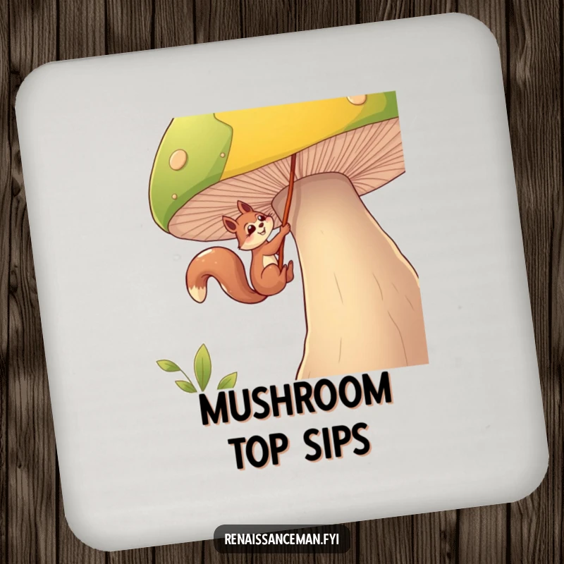 Funny squirrel coaster, a determined squirrel character rappels down a giant mushroom with a rope, adding humorous adventure decor.