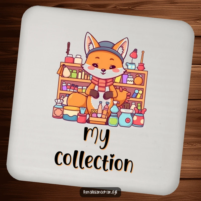 Funny fox merchant coaster. A proud fox stands confidently behind a large display of items, preventing drink rings.