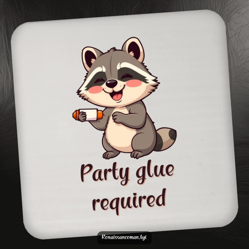 Funny drink coaster: A giggling raccoon with a wide smile adorably uses a glue stick, adding charm.