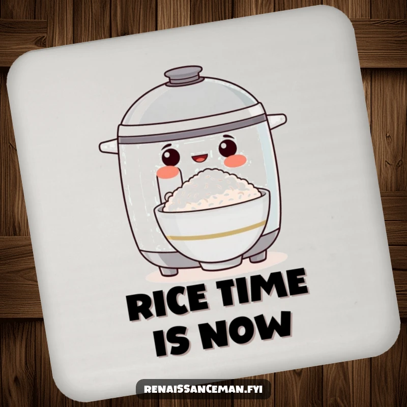 Funny drink coasters featuring a proud rice cooker presenting a perfect bowl of rice, protecting surfaces with a smile.