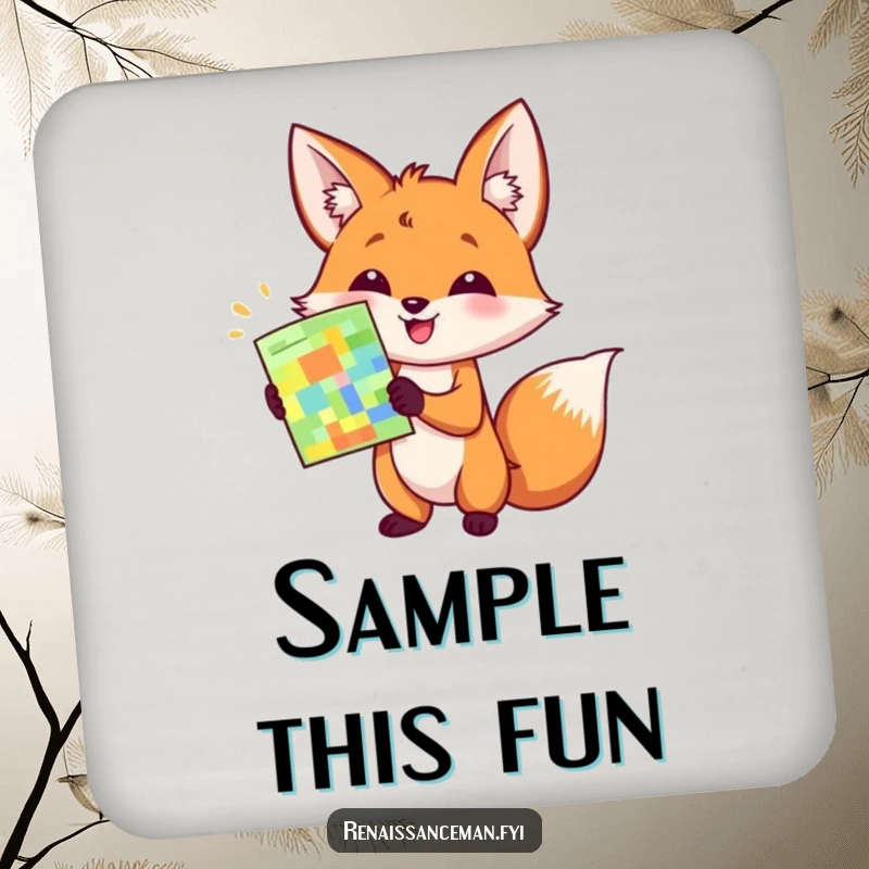 Funny drink coaster with a happy fox enthusiastically presenting a colorful sample with a flourish, protecting surfaces humorously.