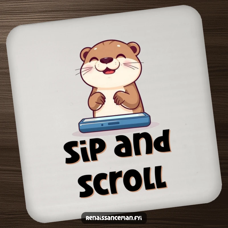 Funny otter drink coaster depicting a happy otter joyfully scrolling on a brightly lit screen.