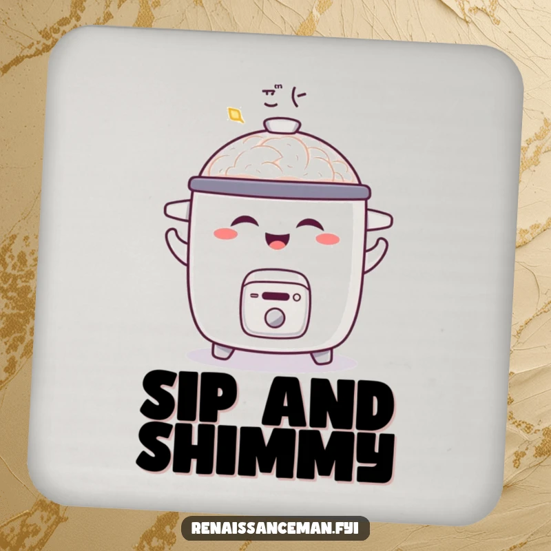 Funny drink coasters featuring a joyful rice cooker doing a little shimmy with a satisfied aroma, protecting surfaces with flair.