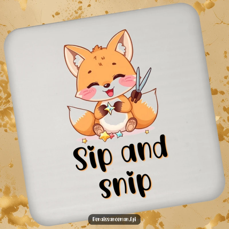 Funny drink coaster: A delighted fox meticulously cuts a shiny embellishment, adding charm to any surface.