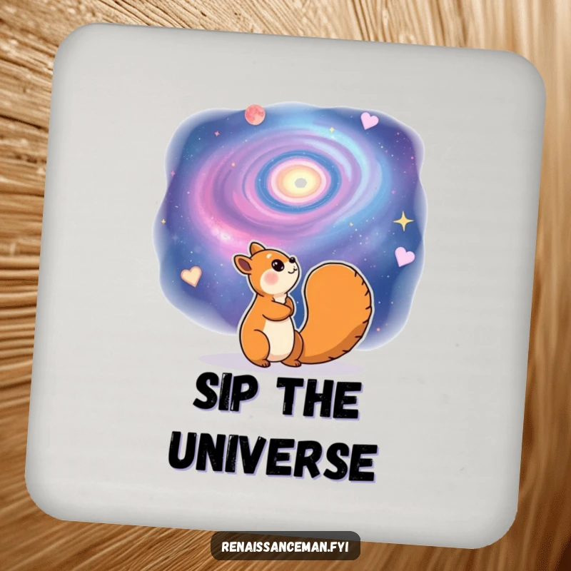 Funny drink coaster with a cheerful squirrel character gazing dreamily at a swirling galaxy. Protects surfaces with humor.