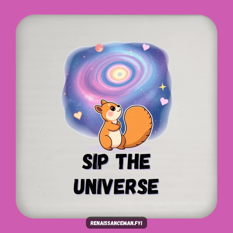 Protect your surfaces with this funny coaster featuring a squirrel gazing at a galaxy. A small touch of cosmic humor.
