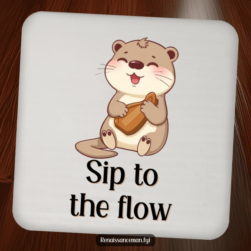 Funny otter playing a gentle tune on a tiny harp, a coaster set that adds musical harmony and cute protection to any surface.