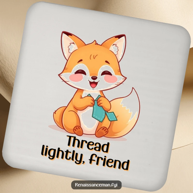 Funny drink coaster depicting a giggling fox stitching a patch, adding a humorous and protective touch to any table.