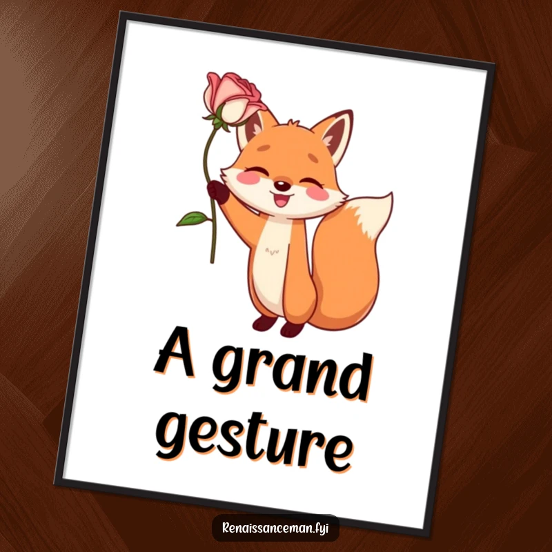 Funny poster art of a happy fox character dramatically holding a single, perfect rose aloft. Romantic and humorous decor.