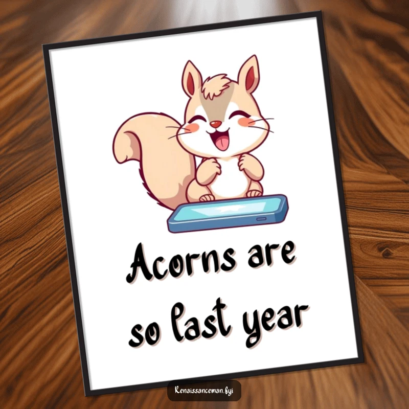 Funny squirrel with paws a blur, tapping rapidly on a glowing device screen, as a dynamic wall poster.