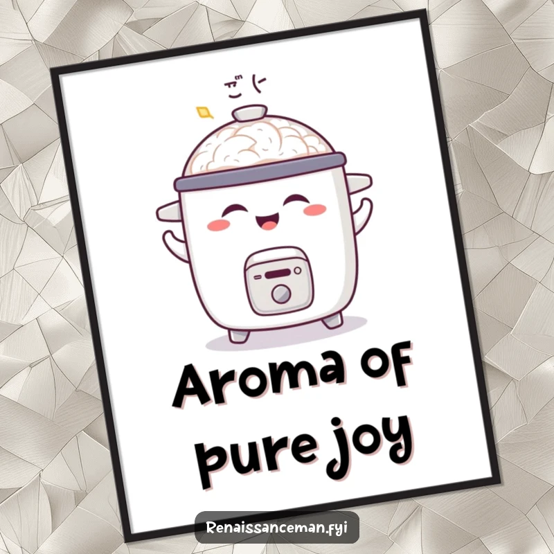 Funny poster depicting a joyful rice cooker doing a little shimmy with a satisfied aroma, ideal for humorous wall decor.
