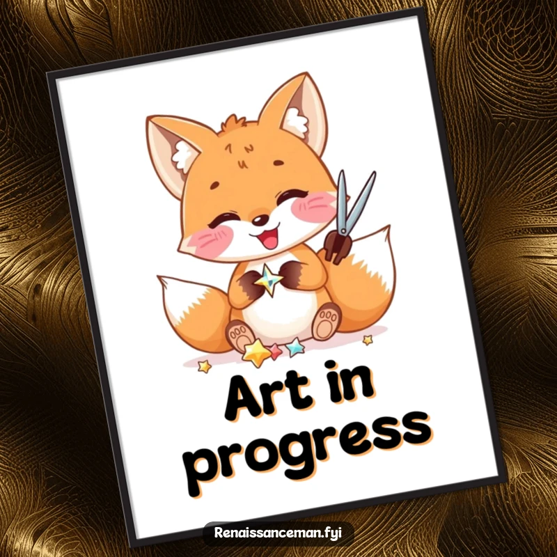 Funny poster: A delighted fox with scissors precisely cuts a shiny embellishment, a charming scene of crafting focus.