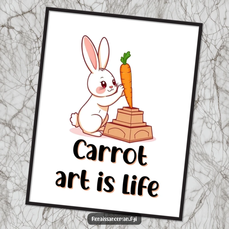 Funny poster showing a clever rabbit sculpting a majestic statue from a carrot, perfect for artistic decor.
