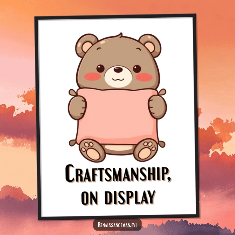 Funny poster featuring a proud bear smiling and showcasing a perfectly sewn cushion, perfect wall art for crafters.