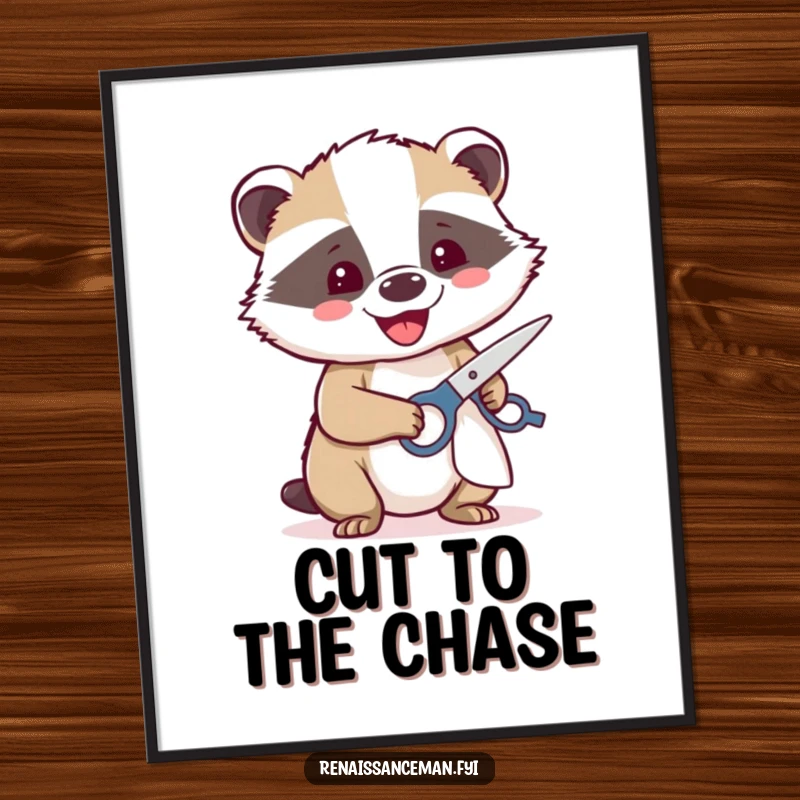 Funny poster featuring a beaming badger with sharp scissors, cutting fabric with precision, representing the art of tailoring.